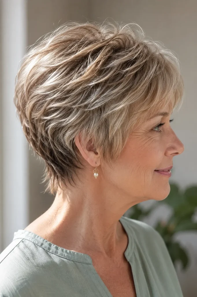 English woman aged 59–70 with a glossy long pixie haircut featuring beautifully layered back sections, wearing a sage-green blouse against a soft neutral background.