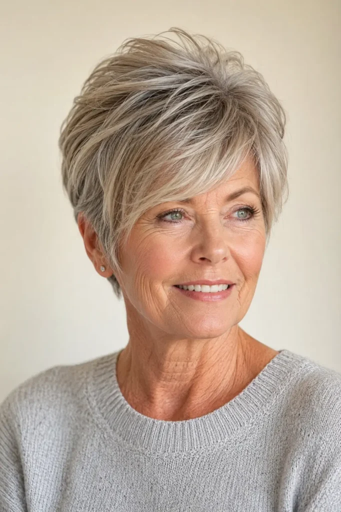 **Alt text:** A real English woman with a long pixie haircut featuring a voluminous layered crown, wearing a light gray knit sweater against a soft cream background.
