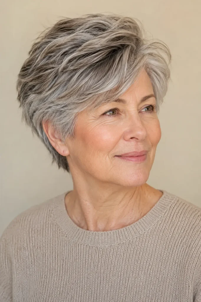 A  English woman aged 60–72 with a long pixie haircut featuring beautifully blended natural gray and silver tones, wearing a light taupe knit sweater against a soft cream background.