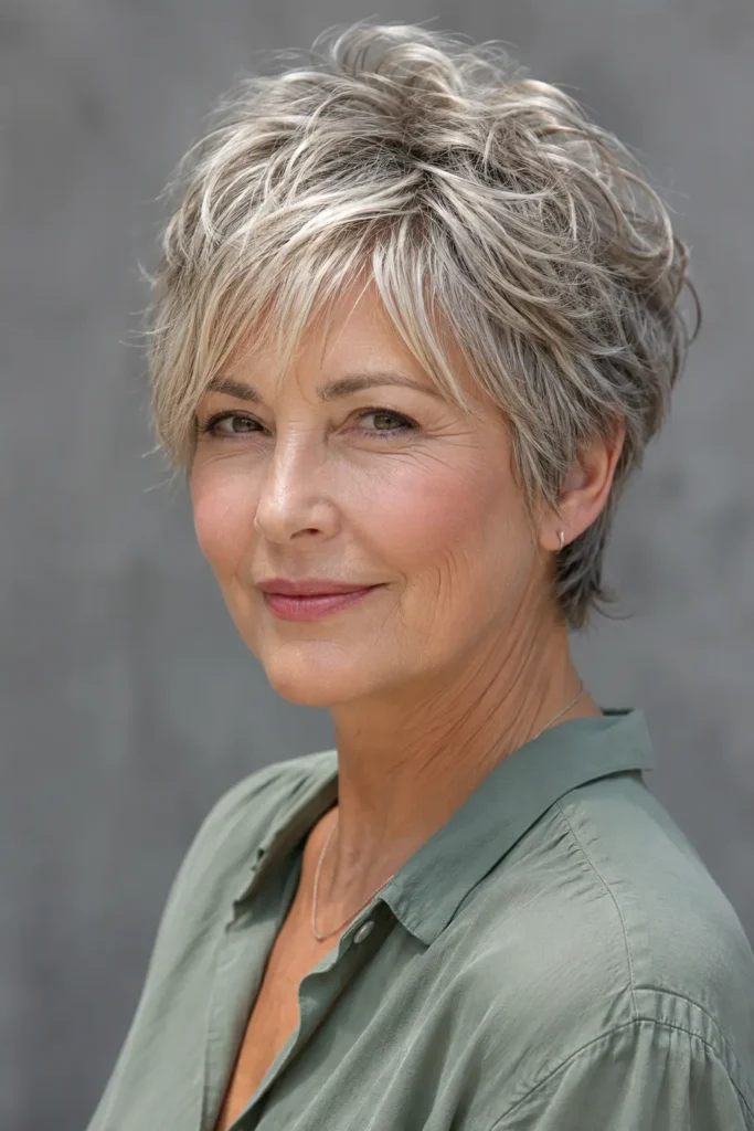 English woman aged 56–67 with a stylish long pixie haircut featuring piecey textured layers, wearing a sage-green blouse in bright natural daylight against a soft gray background.