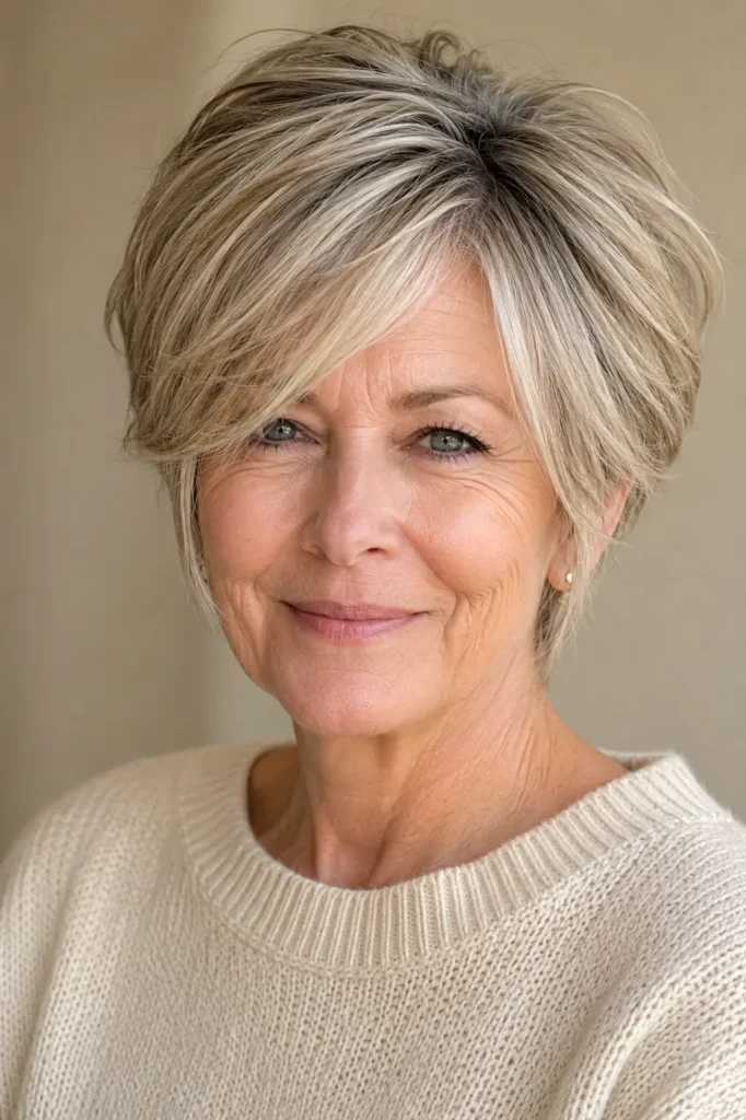  A real English woman wearing a long side-parted layered pixie haircut with salon-shiny, textured hair and a modest cream knit sweater.
