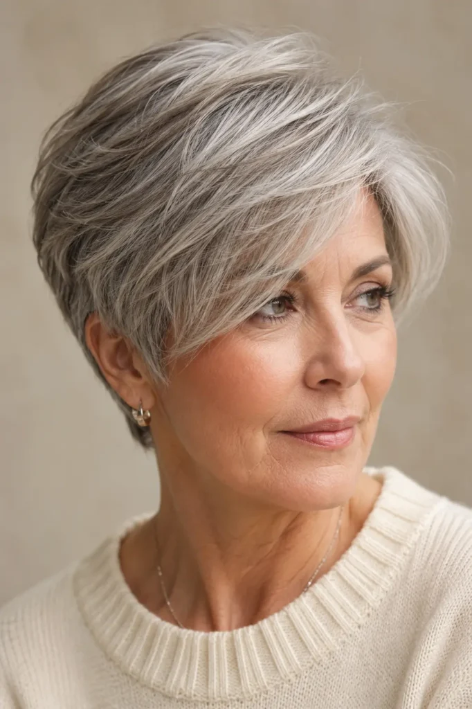 **Alt text:** Real English woman aged 60–70 with a long pixie haircut featuring elegant silver highlights, wearing an ivory knit sweater against a soft beige background in bright natural daylight.

