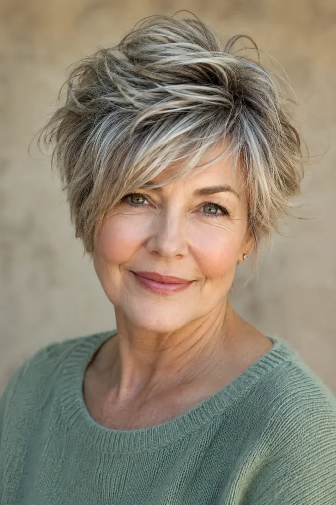 A English woman aged 57–68 with a tousled long pixie haircut featuring natural texture, glossy layered strands, and soft movement, wearing a sage-green sweater against a blurred beige background.