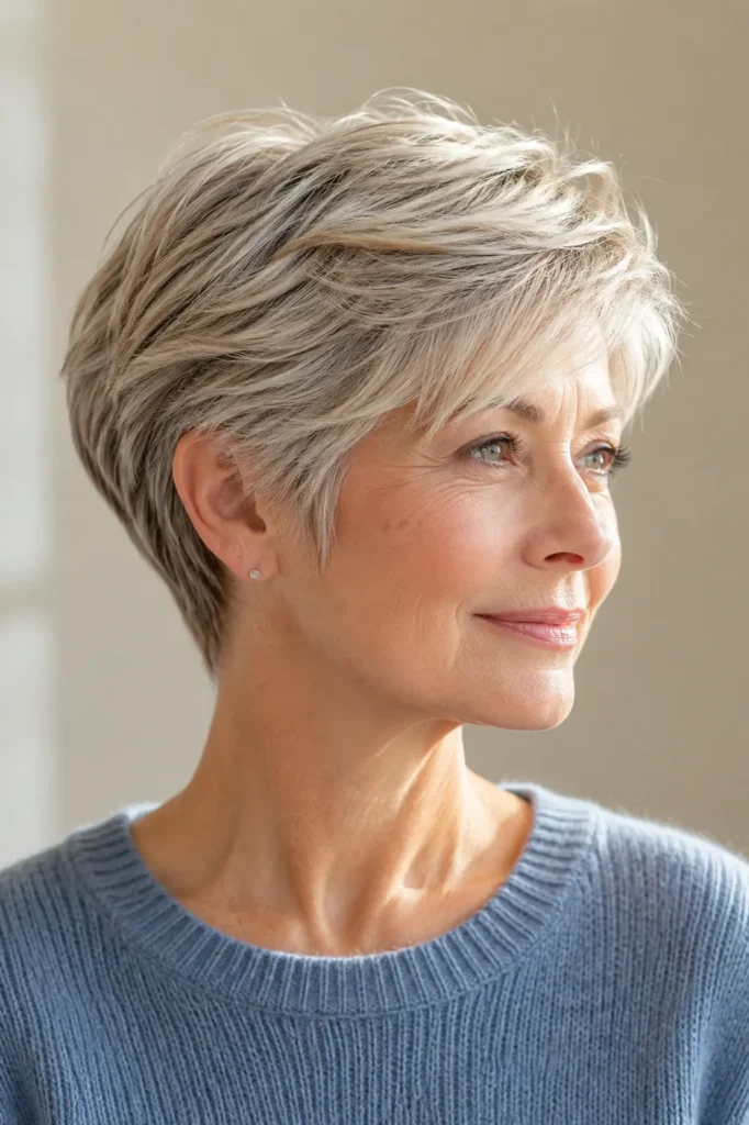 Real English woman aged 57–68 with a long pixie haircut featuring a softly tapered nape, wearing a modest dusty-blue sweater against a neutral cream background.
