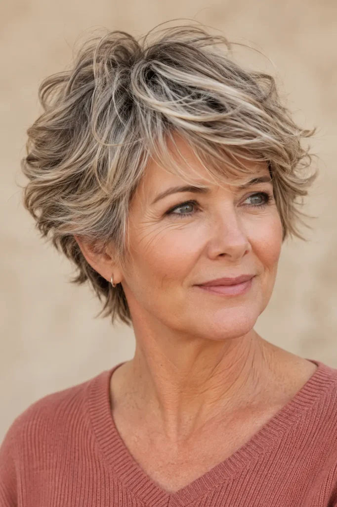  Real English woman with a soft wavy long pixie haircut wearing a dusty-rose sweater.
