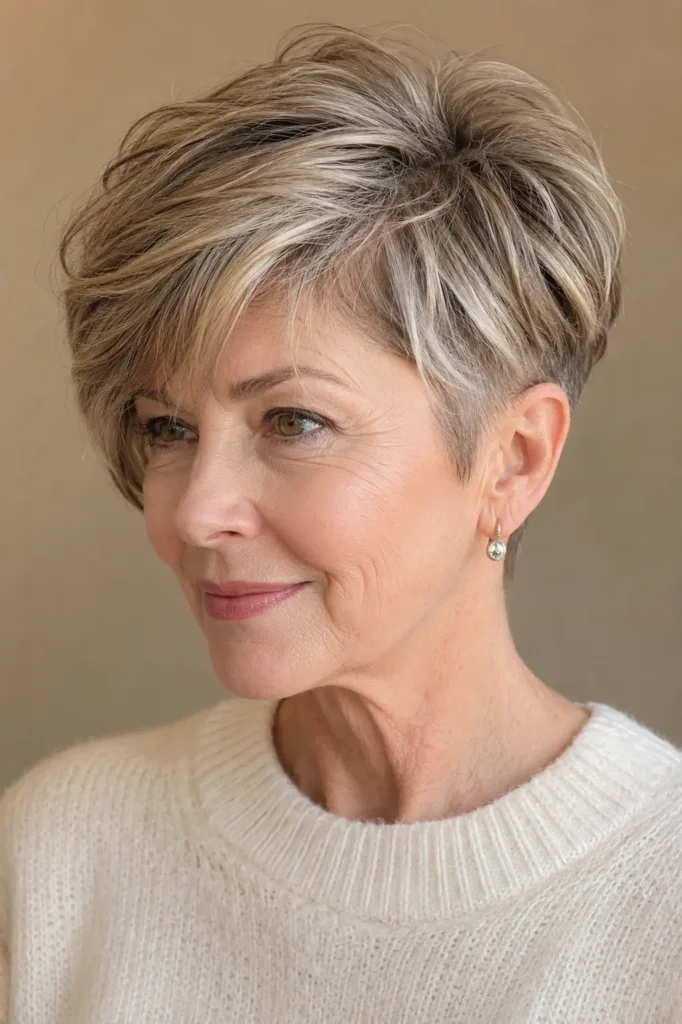  A English woman aged 58–70 with a glossy long pixie haircut featuring a subtle hidden undercut beneath soft layers, wearing an ivory sweater against a neutral beige background in bright natural daylight.
