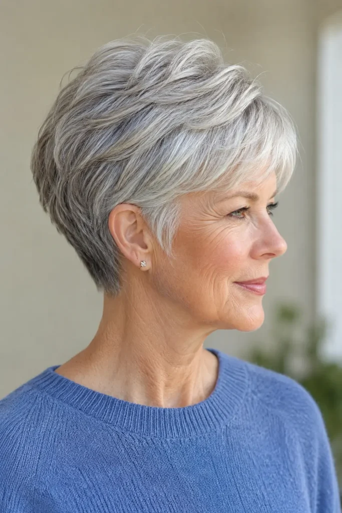 English woman aged around 60 with a glossy long pixie haircut featuring a neatly tapered back and a voluminous crown. Her silver hair is styled with detailed texture and healthy shine, highlighted by bright natural daylight. She wears a modest dusty-blue sweater against a soft neutral blurred background