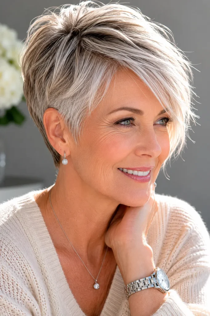 **Alt text:** Real English woman aged 58–69 with a long pixie haircut featuring tapered sides and a textured top, wearing a modest cream sweater against a soft gray background.
