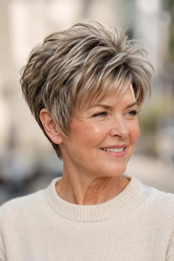 a real English woman aged around 60 with a long pixie haircut featuring a voluminous crown and side-swept layers. Her thick, glossy hair is highlighted by bright natural daylight, showcasing detailed texture and movement.