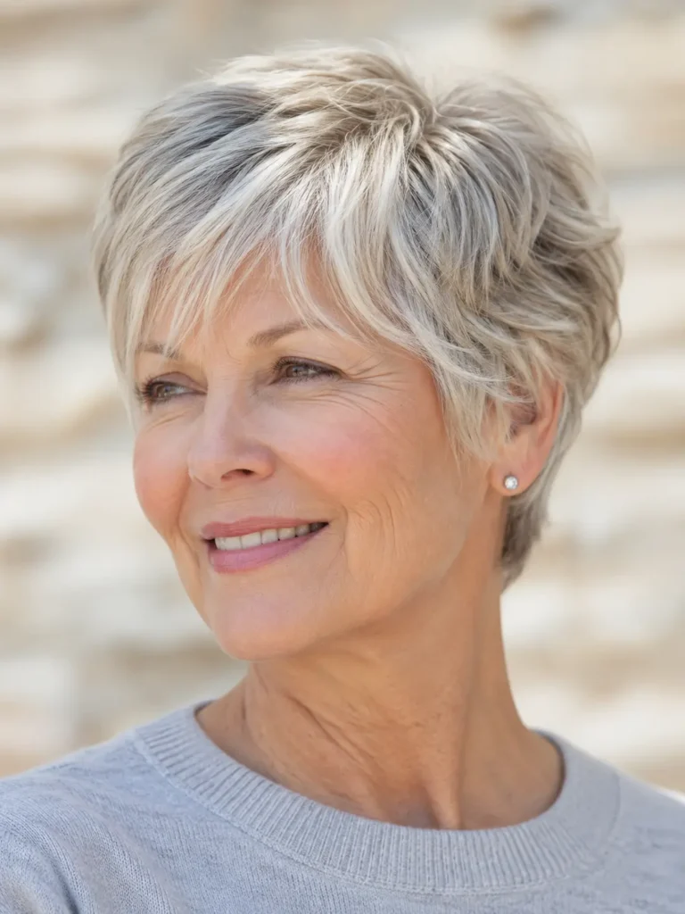 a 57–69-year-old English woman with a stylish long pixie haircut featuring a soft wispy fringe. Her layered silver-blonde hair has salon-quality shine and detailed texture, illuminated by bright natural daylight