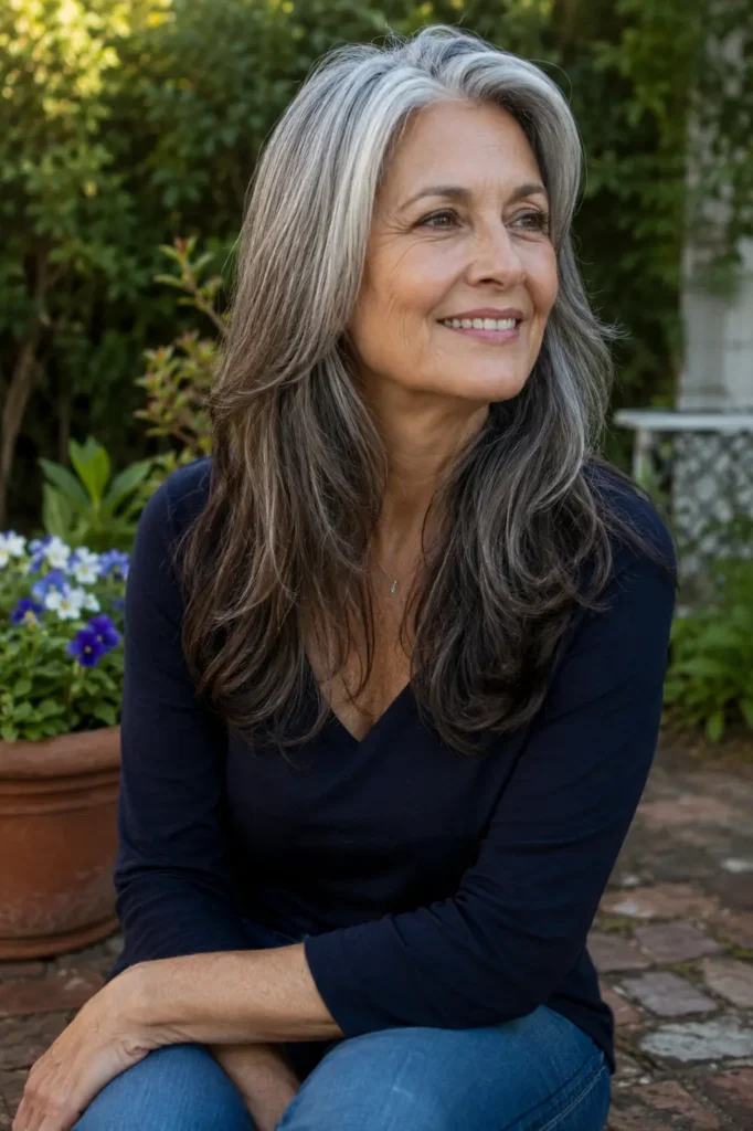 Mature woman aged 55–70 with long salt-and-pepper layered hair featuring natural gray and dark tones, sitting in a garden setting. She wears a casual elegant navy top and jeans