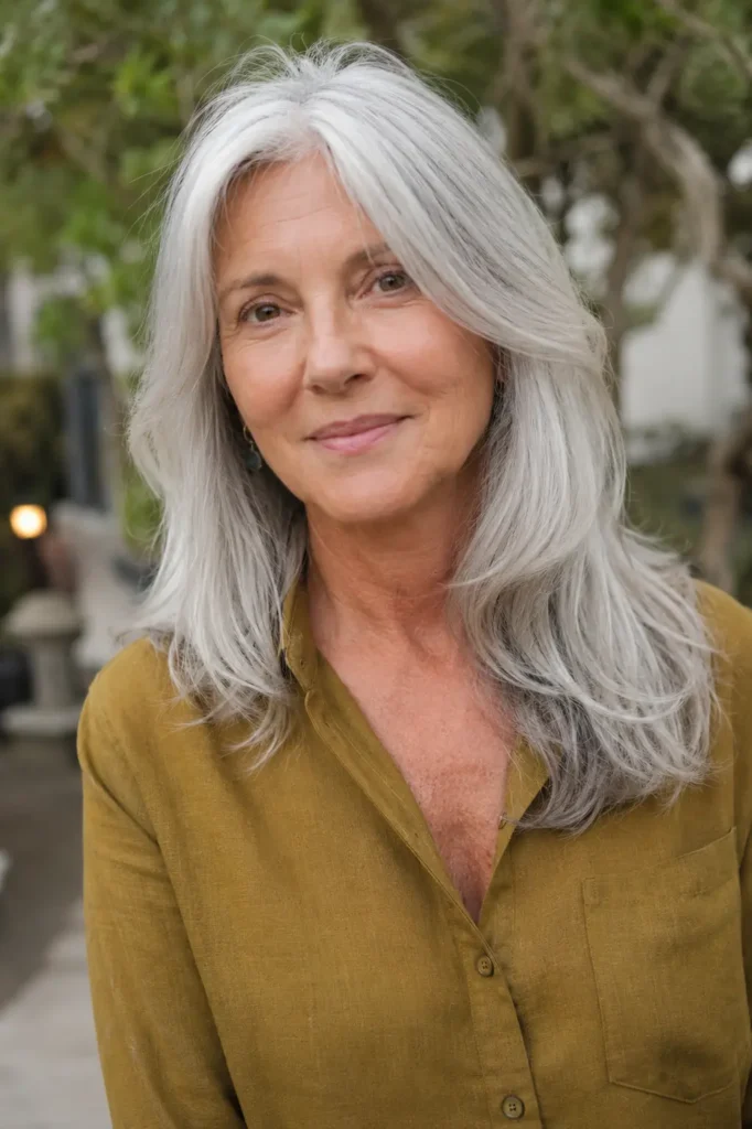 woman aged 60–70 with long silver layered hair and natural gray tones, smiling softly outdoors in natural daylight. Her healthy, layered hairstyle frames her face, showcasing realistic mature features and natural skin texture. She wears an elegant casual mustard blouse