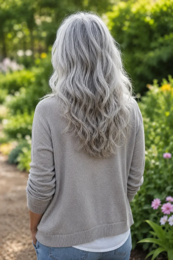 **Alt Text:**
Back view of a mature woman aged 60–70 with long silver wavy hair in a natural gray shade, wearing a light beige cardigan in a garden setting. The hairstyle's soft waves and healthy texture are clearly visible, photographed in natural daylight with a realistic, authentic appearance.
