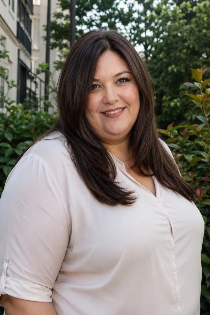 plus size woman with long straight dark brunette hair and face-framing layers, wearing a light elegant blouse in an outdoor garden setting with soft natural daylight