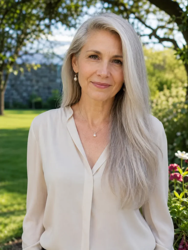 **SEO-Optimized Alt Text:**

Long straight silver-blonde hairstyle for women over 50 with a deep side part, featuring a mature woman with natural skin texture and healthy, sleek hair in a sunlit garden setting. Elegant long hairstyle that enhances volume, softness, and youthful beauty for older women.
