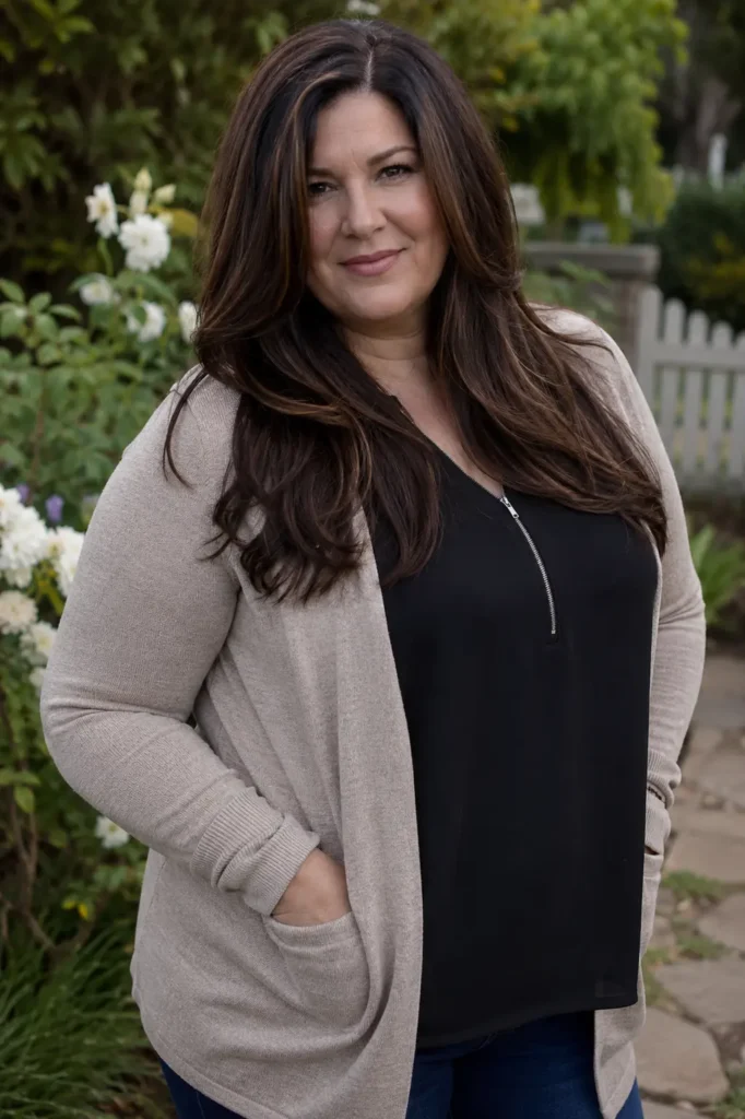 plus size woman aged 30–55 with long dark brunette V-cut layered hair, natural makeup, and realistic skin texture, wearing an elegant casual outfit in an outdoor garden setting