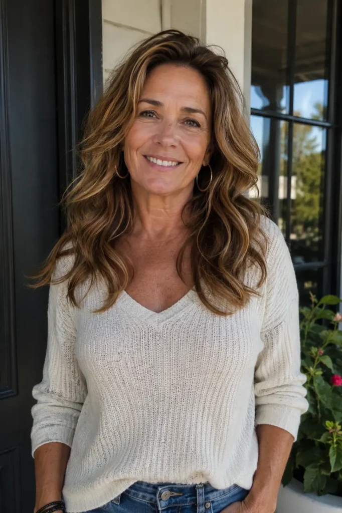 **Alt Text:**
Real woman aged 55–65 with long wavy caramel-highlighted hair, smiling outdoors in natural sunlight, wearing a casual cream sweater, showcasing healthy hair texture and authentic mature beauty.
