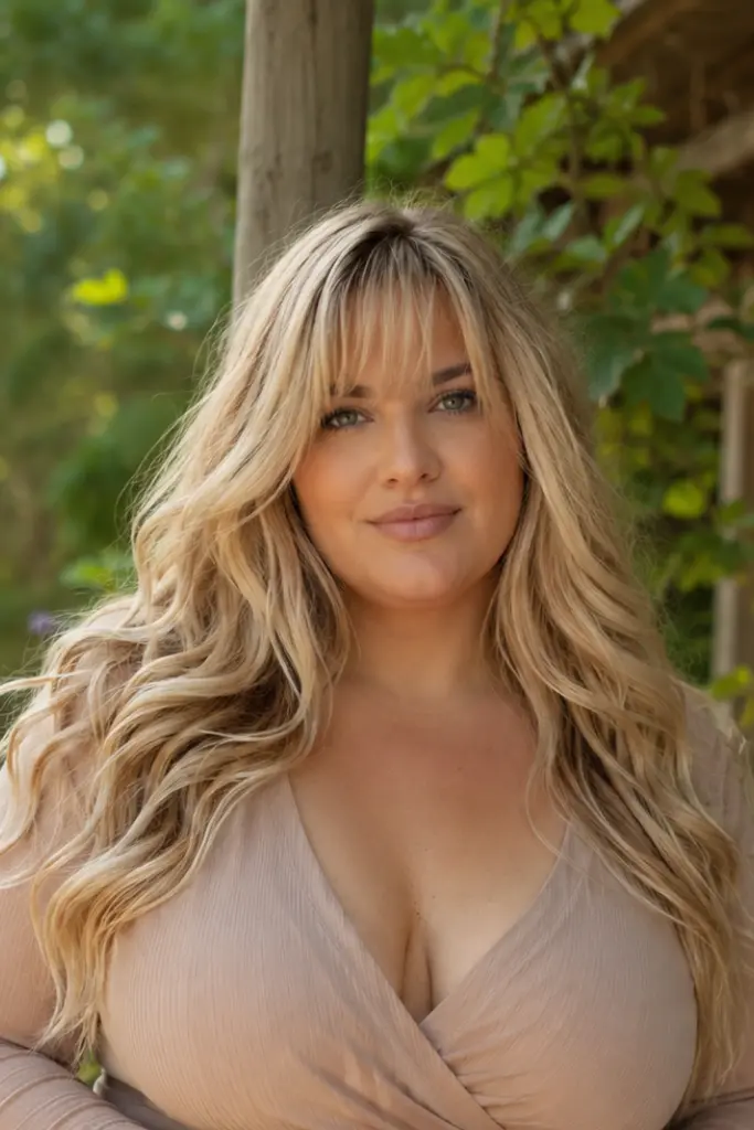 Plus-size English woman with long wavy blonde hair and wispy bangs, wearing a modest nude-toned long-sleeve dress.