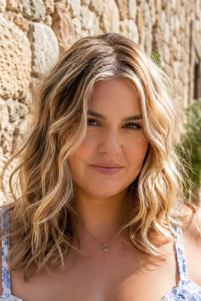 plus-size woman with medium-length loose beach waves in soft honey blonde hair, photographed outdoors in bright natural sunlight.