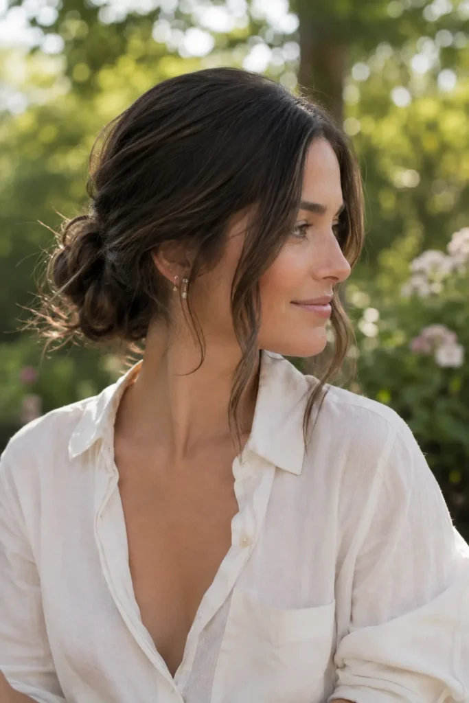 Realistic brunette woman with a loose low bun hairstyle and soft face-framing strands. Natural, elegant summer hairstyle inspiration perfect for everyday looks, weddings, and casual chic styling