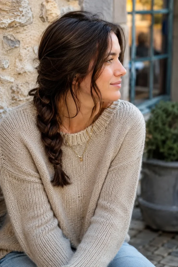 woman with medium-length brunette hair styled in a loose side braid, featuring soft face-framing strands and natural texture. She wears a cozy beige sweater and sits outdoors in natural daylight, creating an authentic lifestyle photography look.