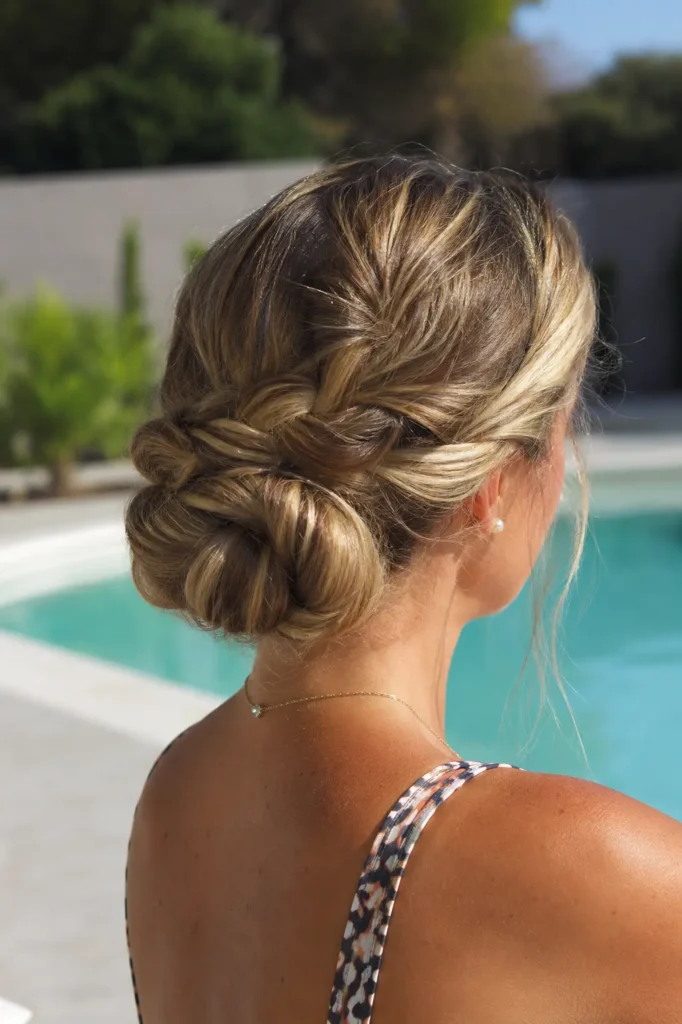 eal everyday English woman aged 30–45 photographed outdoors beside a swimming pool in bright summer sunlight, featuring a detailed low braided bun hairstyle in light honey blonde hair
