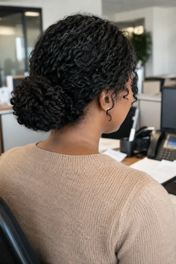 Back and side view of a real everyday woman wearing a natural textured low bun hairstyle in an office setting. Defined curls and coils are gathered into a low bun at the nape, showcasing the bun’s structure and texture. Natural daylight highlights the realistic hair details
