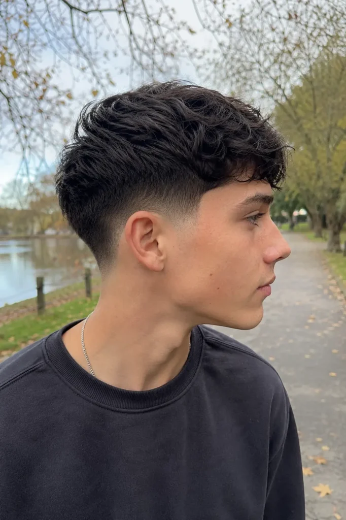 Teenage boy with a low taper fade haircut featuring clean tapered sides and a textured longer top, wearing a dark sweatshirt in an outdoor park setting with natural daylight