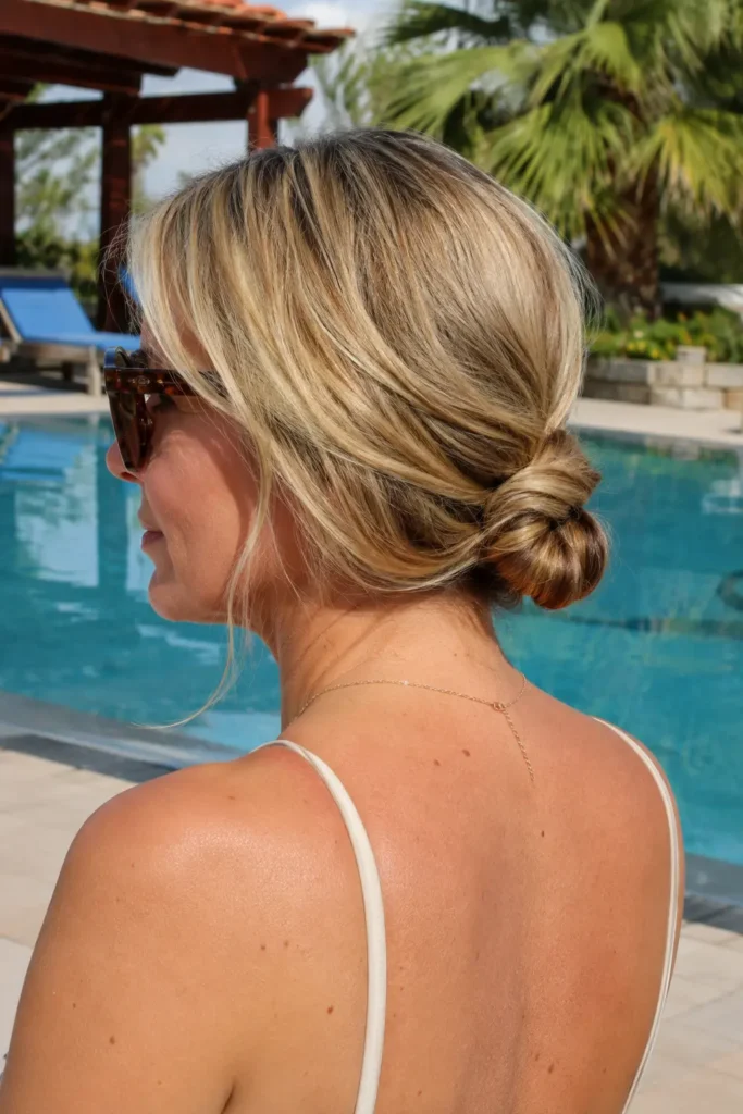 Side-profile portrait of a real English woman aged 30–45 with soft honey blonde hair styled in a low twisted bun. The hairstyle is the main focus, showing smooth twists, natural texture, and loose face-framing strands. She stands beside an outdoor swimming pool on a bright summer day