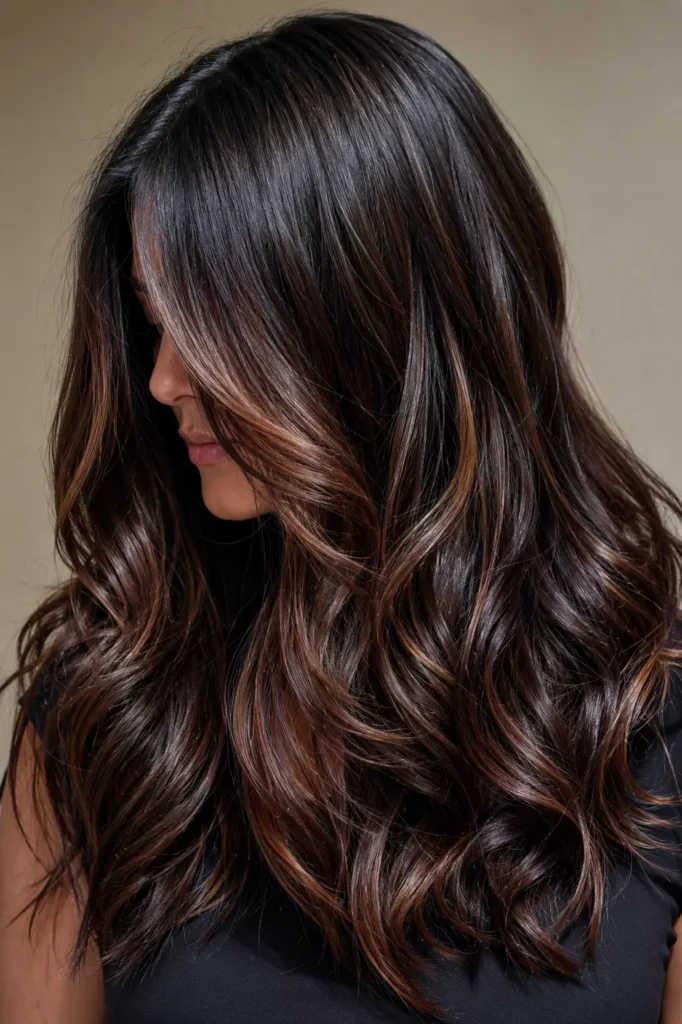 a woman aged 30–50 with glossy black hair featuring dimensional brown highlights styled in soft loose waves.