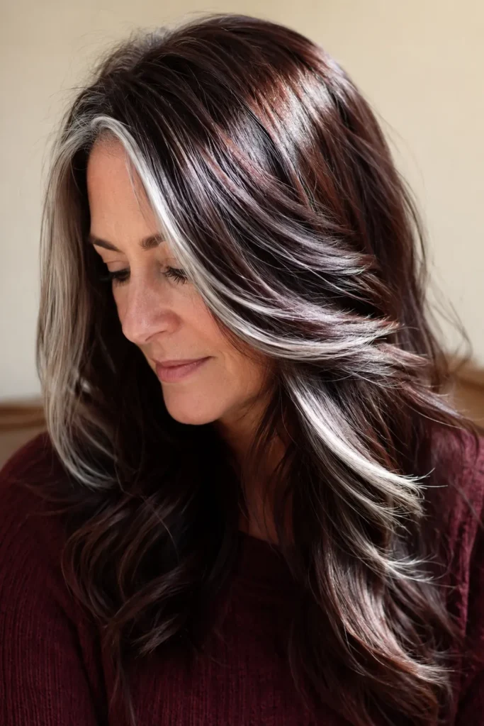 **Alt text:** Real English woman aged 45–60 with rich mahogany brown hair featuring metallic silver highlights, styled in glossy soft waves, wearing a modest burgundy sweater against a cream-colored background.
