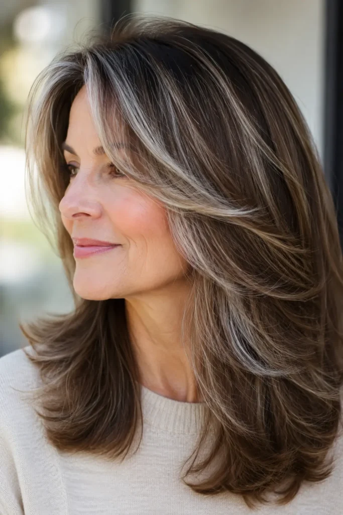 woman aged 45–60 with medium brown layered hair featuring soft feathered silver highlights, healthy glossy shine, and a silky texture, photographed in bright natural sunlight against a softly blurred neutral background while wearing a modest cream sweater.