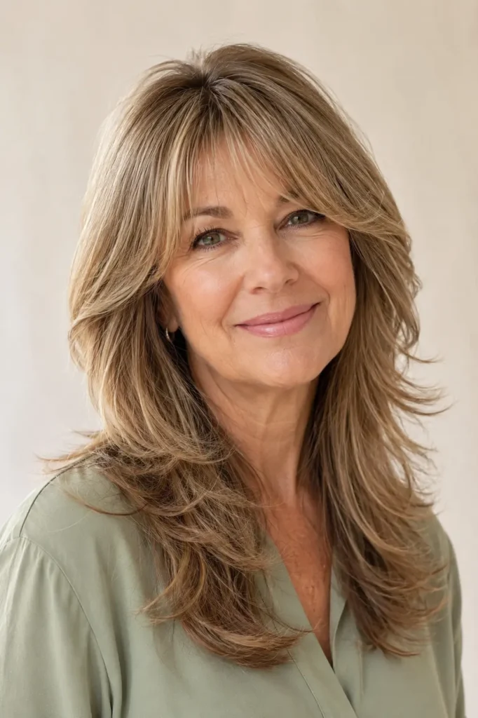 a real English woman in her 50s with a medium butterfly haircut featuring soft wispy layers, salon-quality volume, feathered movement, and glossy healthy hair. She wears a modest sage-green blouse