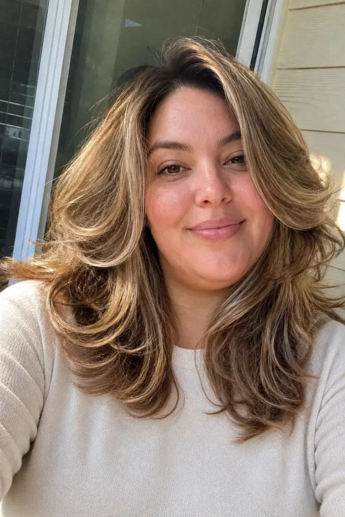 a plus-size English woman with a medium butterfly haircut in soft honey blonde, featuring voluminous face-framing layers and healthy shine. She wears a modest cream long-sleeve sweater