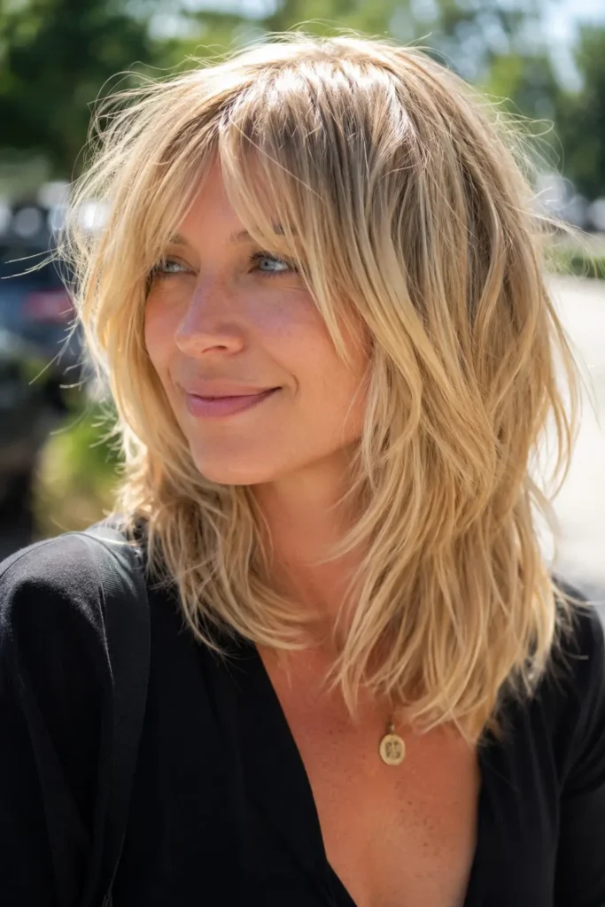 woman aged 25–40 with a medium choppy layered haircut and soft curtain bangs, featuring creamy blonde hair with natural movement and texture. The hairstyle is the main focus, with feathered layers catching bright outdoor sunlight and creating a light