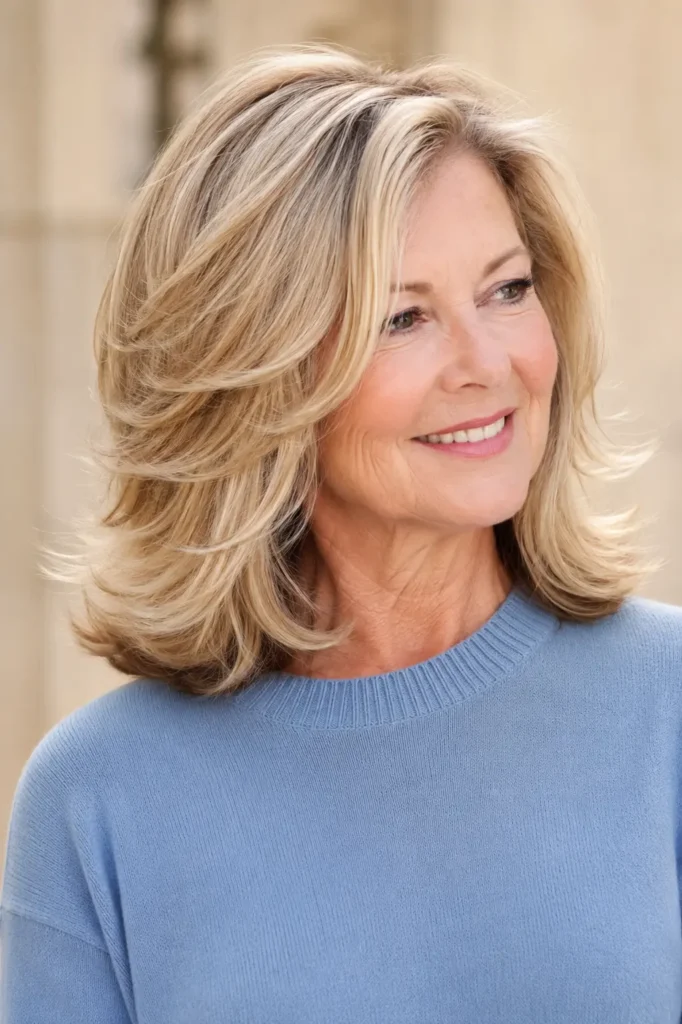 a real English woman aged around 60 with a medium layered haircut featuring soft flipped-out ends. Her glossy, healthy blonde hair shows detailed layers and natural movement in bright outdoor daylight.