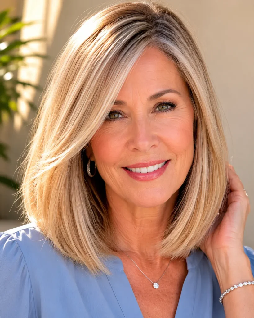 a real English woman aged around 55–64 with a blunt shoulder-length lob featuring soft internal texture and glossy blonde hair. She wears a modest dusty-blue blouse