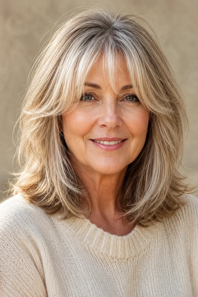 a real English woman aged around 55–63 with shoulder-length layered hair and elegant curtain bangs