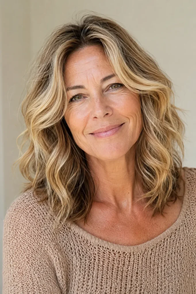 a real English woman aged around 50–60 with medium-length loose beach waves featuring soft natural texture, glossy shine