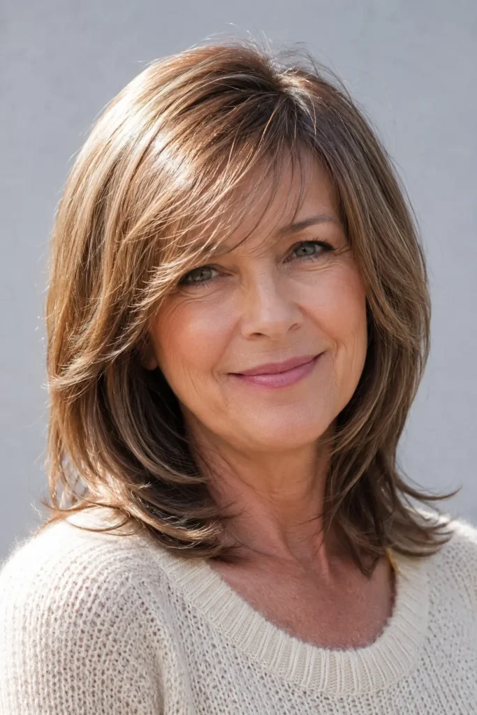 a real English woman in her late 50s with medium-length layered hair and wispy side bangs. Her glossy, healthy hair features soft natural movement and detailed layers, illuminated by bright natural sunlight.