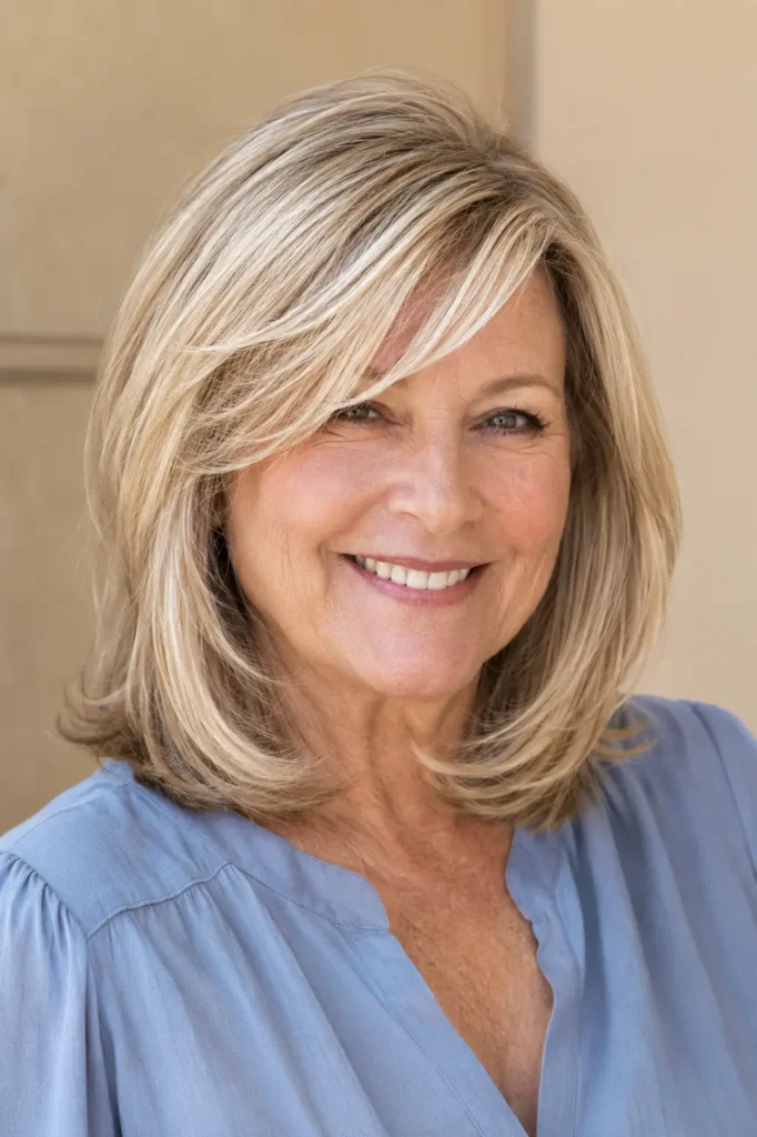 English woman aged around 55–62 with a shoulder-length lob haircut and elegant side-swept bangs. Her glossy, layered hair frames her face with soft movement, highlighted by bright natural daylight.