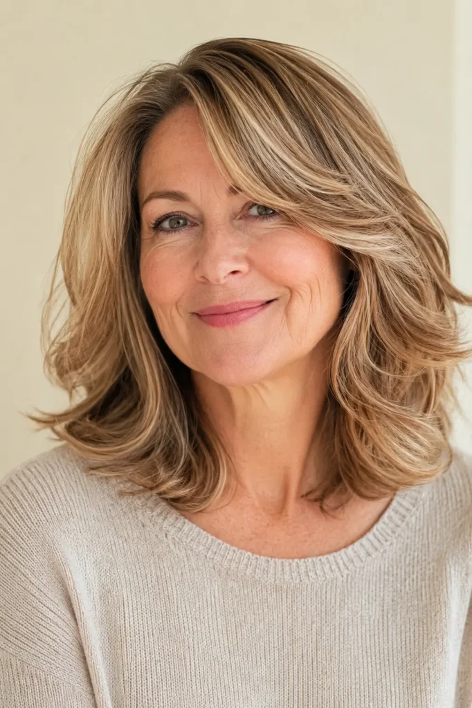 a real English woman in her late 50s with medium-length soft wavy hair styled in a deep side part. Her glossy, layered hairstyle is the main focus, featuring natural movement and healthy shine in bright daylight.