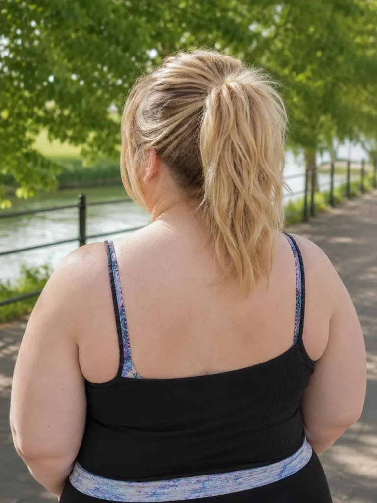 A back view of a plus-size English woman with a medium-length light blonde ponytail and soft face-framing strands, standing outdoors in bright natural daylight. Her healthy, shiny hair is the main focus, captured in a realistic DSLR-style portrait with a softly blurred background, showcasing an authentic everyday look.
