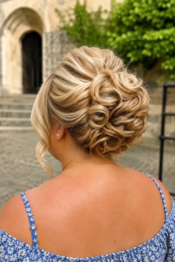 Back view of a real English plus-size woman with an elegant medium updo hairstyle in light blonde hair, featuring a voluminous twisted bun and soft face-framing tendril