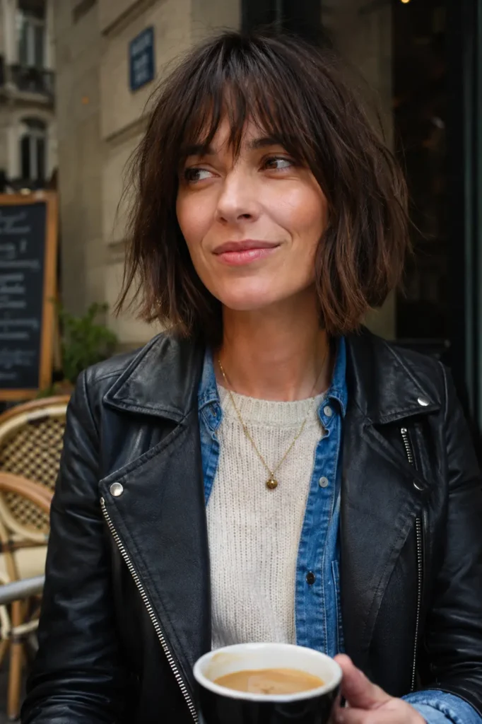 woman with a messy bob haircut and piecey bangs, medium brunette hair, and natural skin texture, wearing a casual stylish outfit with a black leather jacket and layered top. She is seated at an outdoor urban café, holding a coffee cup while looking to the side.