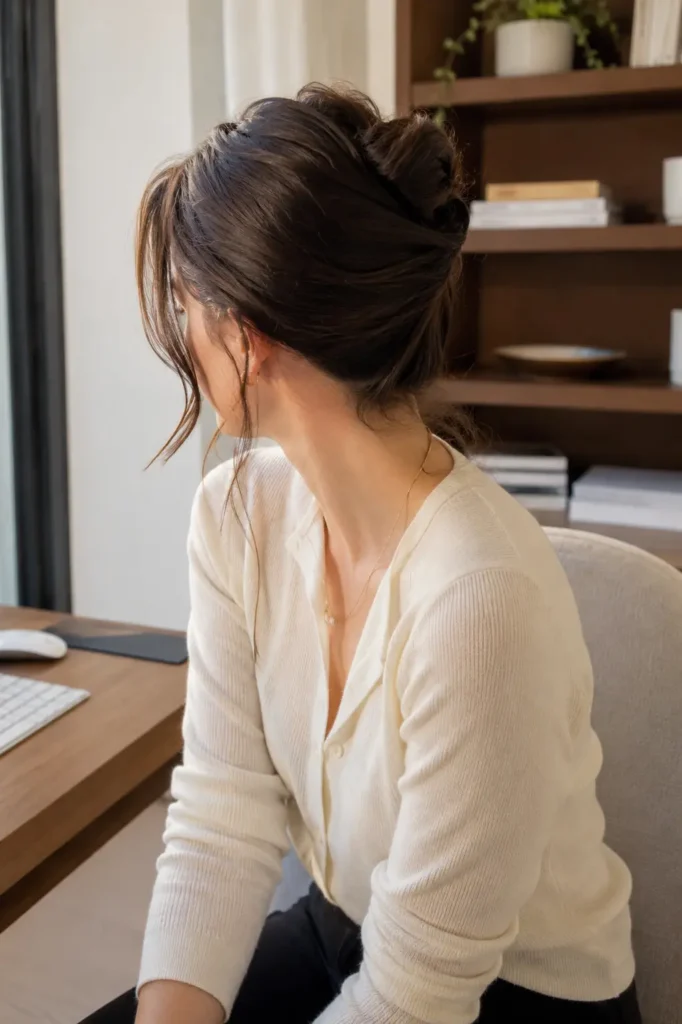Real woman with medium-length brunette hair styled in a messy French twist, featuring soft face-framing strands and natural texture. The hairstyle showcases realistic shine and an effortless, slightly undone finish. She wears a casual professional outfit in a bright office setting with natural daylight
