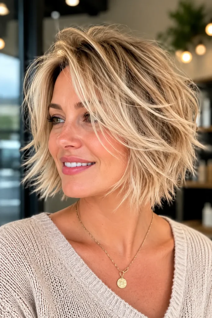 Messy short bob haircut with blonde tousled waves on a real English woman
