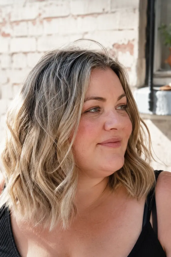 English plus-size woman with a medium-length messy textured wavy hairstyle in soft ash blonde, featuring natural volume and tousled movement
