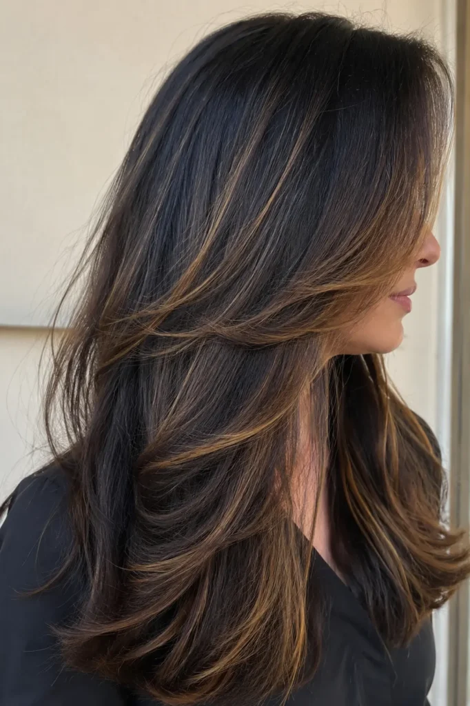 English woman with silky midnight black hair enhanced by soft honey brown highlights, shown in a side-profile portrait. Her glossy, healthy layered hair is the main focus, illuminated by bright natural daylight against a soft cream background.