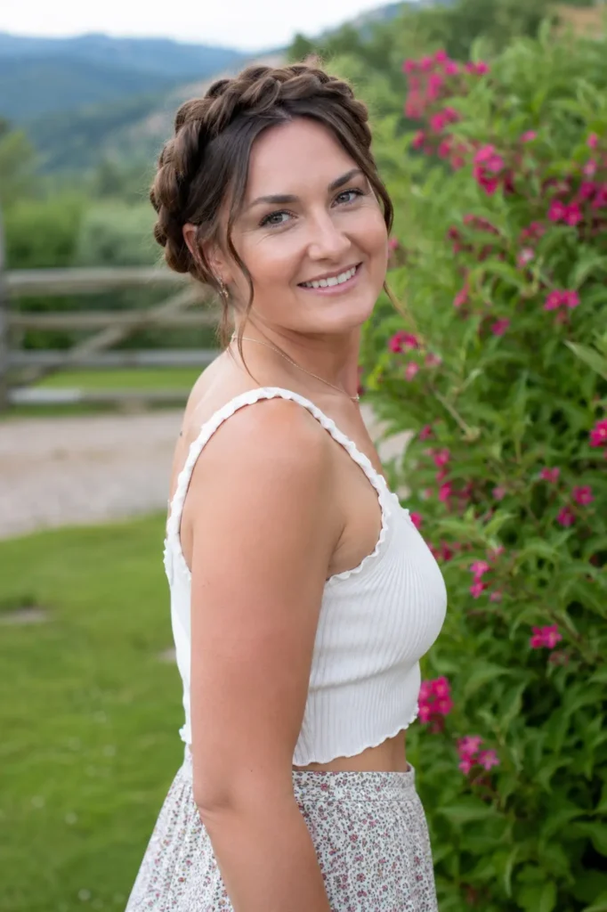 woman with a milkmaid braid hairstyle and soft brown hair standing in a countryside garden, wearing a casual feminine outfit